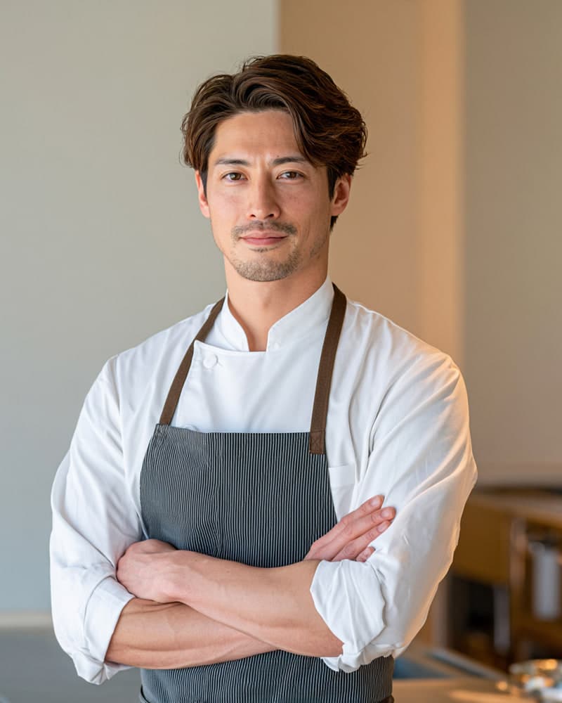 白いコックコートと縞のエプロンを着た人物。厨房の前で腕を組んでいる